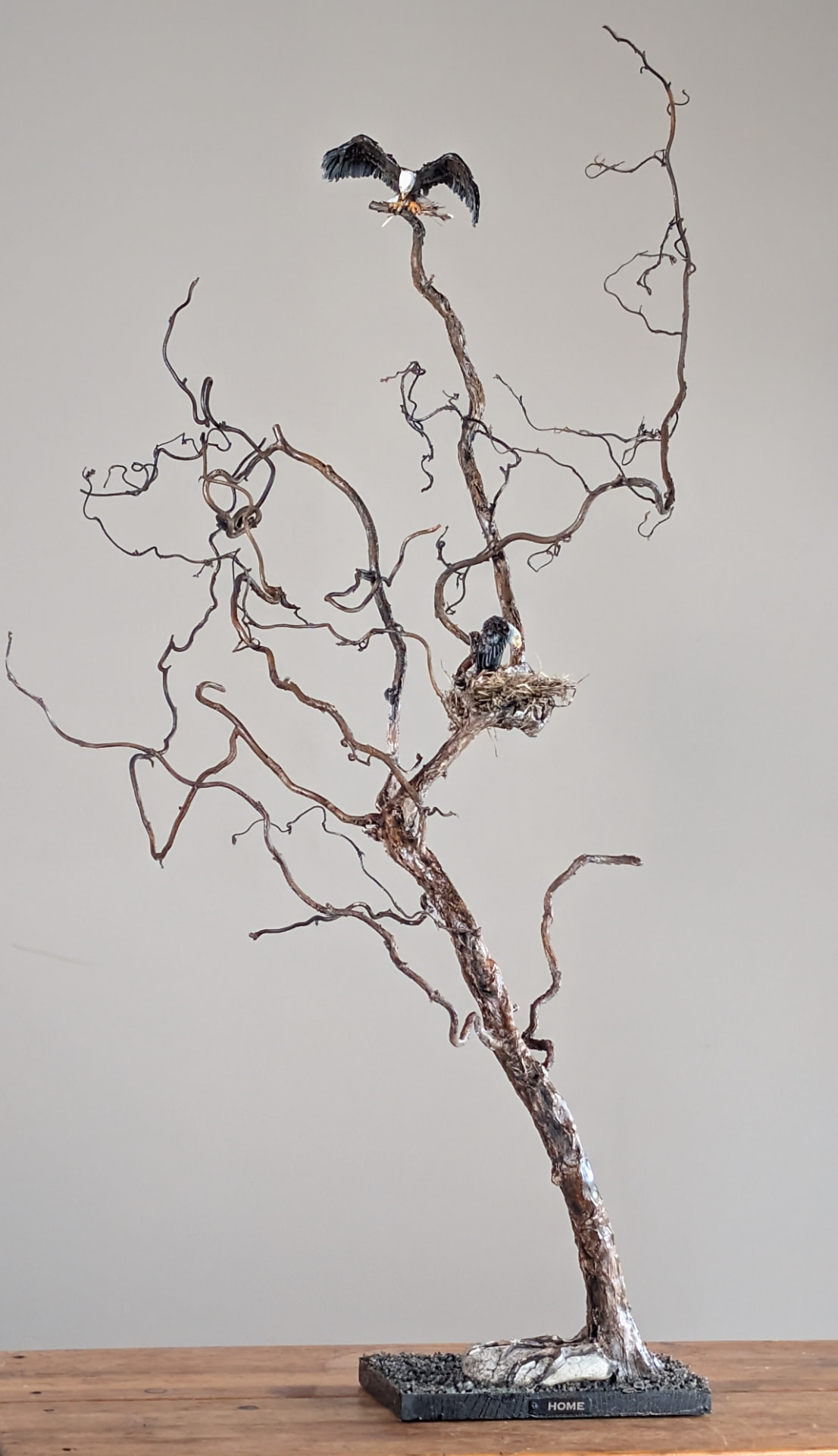 Home — mixed media eagle sculpture on reclaimed wood, 45″ tall